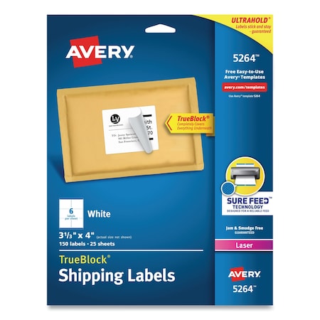 Avery Shipping Labels w/TrueBlock, Laser Printers, 3.33 x 4, White, PK150 05264